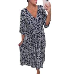 MIOKUKO Böhmisches, lässiges, langes Kleid mit V-Ausschnitt und Geraffter Taille, Sommerkleid mit 3/4-Ärmeln, Blumenkleid in Übergröße für Damen (5XL,D) von MIOKUKO
