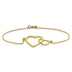 Miore Damen-Armband mit Anhänger - Elegantes Armband aus 9 kt. Gelbgold mit doppeltem Herz-Anhänger - Armschmuck 18 cm lang, Gold von MIORE
