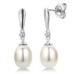 Miore Damen-Ohrringe 9 Karat – Edle Perlen Ohrringe aus 375 Weißgold mit weißer Süßwasserzuchtperle und 0,02 ct. Diamant – Ohrringe hängend 7 x 22 mm von MIORE