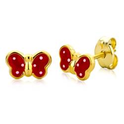 Miore Ohrringer für Kinder roter Schmetterling mit weißen Punkten von Emaille Ohrstecker aus 9 kt 375 Gold mit Schmetterlingsverschluss 7 x 4 mm von MIORE