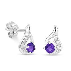 Miore Schmuck Damen 0.04 Ct Diamant Ohrringe mit Edelstein Geburtsstein natürlicher runder lila Amethyst umgeben von 8 Diamanten Brillanten moderne Ohrstecker aus Weißgold 9 Karat (375) Gold von MIORE