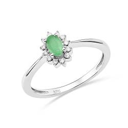 Miore Schmuck Damen 0.07 Ct Diamant Blume Verlobungsring mit Edelstein Geburtsstein natürlicher ovaler grüner Smaragd umgeben von 12 Diamanten Brillanten klassischer Ring aus Weißgold 9 Karat 375 Gold von MIORE