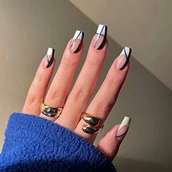 Glossy False Coffin Shape Ballerina Short False Nail Simple Oblique French Nude and White Match Fake Nail 24Pcs Acrylic Press On Nail Tips For Women and Girls (CJiheTiao) von MIQIQAO