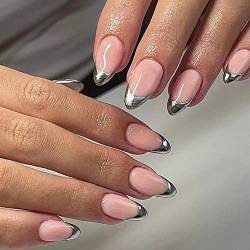 Glossy False Coffin Shape Ballerina Short False Nail Simple Oblique French Nude and White Match Fake Nail 24Pcs Acrylic Press On Nail Tips For Women and Girls (Cyinjian) von MIQIQAO