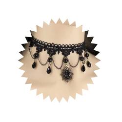 MIQIQAO Schwarze Spitze-Choker-Halskette, schwarzer Perlen-Anhänger, Chock, Gothic-Tattoo-Choker, hohle florale Halskette, Kettenschmuck für Frauen und Mädchen (LaceDroppearlDE) von MIQIQAO