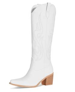 MIRAAZZURRA Cowboy Stiefel für Frauen Spitze Zehe Stickerei Weite Wade Kniehohe Cowgirl Stiefel Weiß EU 39 von MIRAAZZURRA