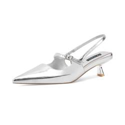 MIRAAZZURRA Damen Kitten Heel Slingbacks Spitze Zehen Pumps Niedriger Absatz Slip On Kleiderschuhe mit Schnallenriemen für Dating Party Arbeiten Silber 37 von MIRAAZZURRA