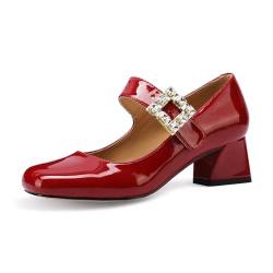 MIRAAZZURRA Damen Mary Janes Pumps mit quadratischem Zehenbereich klobigem hohen Absatz Riemen mit Strassschnalle Rot EU 42 von MIRAAZZURRA