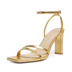 MIRAAZZURRA Damen Sandalen Klobig High Heel Quadratische Offene Zehe Slingback Heel Sandalen with Ankle Strap für Kleider Party Schuhe Gold 38 von MIRAAZZURRA