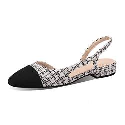 MIRAAZZURRA Damen Slingback Flach Pumps geschlossene runde Zehe Sandalens zweifarbige lässige Büroschuhe Schwarz Weißer Tweed EU37 von MIRAAZZURRA