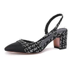 MIRAAZZURRA Damen Slingback Pumps geschlossene runde Zehe Blockabsatz zweifarbige lässige klobige Absätze Büroschuhe Schwarzer Tweed EU36 von MIRAAZZURRA