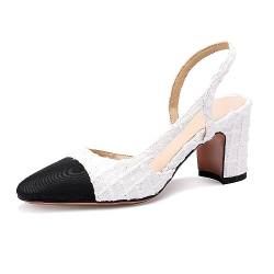 MIRAAZZURRA Damen Slingback Pumps geschlossene runde Zehe Blockabsatz zweifarbige lässige klobige Absätze Büroschuhe Weißer Tweed EU37 von MIRAAZZURRA