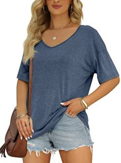 MIROL Damen Halbarm T-Shirts Mode V Ausschnitt Oversized Lose Tops Solid Casual Basic Blusen, Blau, Mittel von MIROL