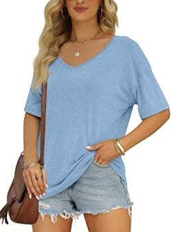 MIROL Damen Halbarm T-Shirts Mode V Ausschnitt Oversized Lose Tops Solid Casual Basic Blusen, Hell, blau, Groß von MIROL