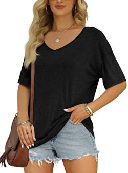 MIROL Damen Halbarm T-Shirts Mode V Ausschnitt Oversized Lose Tops Solid Casual Basic Blusen, Schwarz, Mittel von MIROL