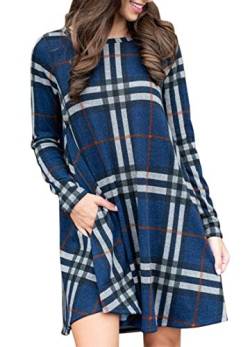 MIROL Damen Lange hülsen-Plaid-Farben-Block-Diamant-beiläufige schwingen Loose fit Tunika Kleid Taschen Large Blau von MIROL