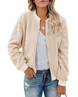 MIROL Damen Sherpa Fleece Jacke Faux Fuzzy Langarm Casual Zip Up Bombermantel, beige, Small von MIROL