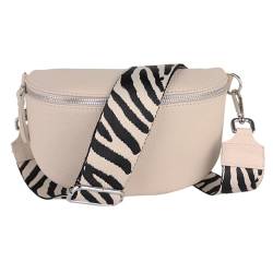 MIRROSI® Bauchtasche Damen, Echtleder, Made in Italy, Umhängetasche, Brusttasche, Crossbody Bag (1 Tasche & 2 Gurte) (Beige (Zebra Beige Schwarz), Kleine Tasche (22x13x6cm)) von MIRROSI