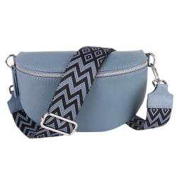 MIRROSI® Bauchtasche Damen, Echtleder, Made in Italy, Umhängetasche, Brusttasche, Crossbody Bag (1 Tasche & 2 Gurte) (Jeansblau (Bohemian Jeansblau Schwarz), Große Tasche (28x18x9cm)) von MIRROSI