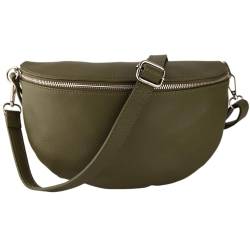 MIRROSI® Bauchtasche Damen, Made in Italy, Echtleder Umhängetasche Echtes Leder, Brusttasche, Crossbody Bag aus Echtem Leder, in 3 Größen erhältlich (Khakigrün Silberner Reißverschluss) (Gr.M) von MIRROSI