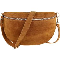 MIRROSI® Bauchtasche Damen, Made in Italy, Echtleder Umhängetasche Echtes Leder, Brusttasche, Crossbody Bag aus WLD Veloursleder, in 3 Größen erhältlich (Braun WLD Silberner Reißverschluss) (Gr.M) von MIRROSI