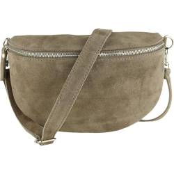 MIRROSI® Bauchtasche Damen, Made in Italy, Echtleder Umhängetasche Echtes Leder, Brusttasche, Crossbody Bag aus WLD Veloursleder, in 3 Größen erhältlich (Taupe WLD Silberner Reißverschluss) (Gr.L) von MIRROSI