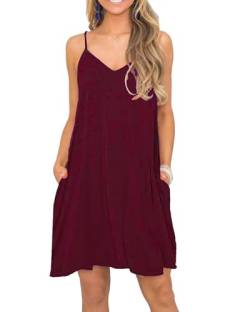 MISFAY Damen Sommer Spaghettiträger Casual Swing Tank Strand Cover Up Kleid mit Taschen Weinrot XL von MISFAY