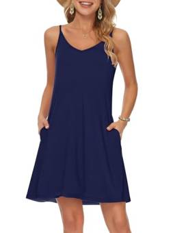 MISFAY Sommerkleid Damen lässig Swing Kleid V Ausschnitt Spaghetti Träger Cover Up mit Taschen Navy Blau L von MISFAY