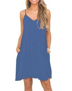MISFAY Strandkleid für Damen Sommer Lässiges Swingkleid V-Ausschnitt Spaghettiträger Minikleid mit Taschen Beja Blau XL von MISFAY