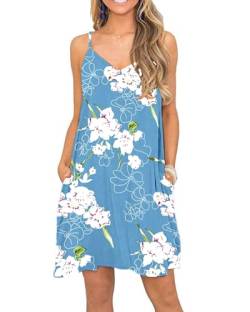 MISFAY Strandkleid für Damen Sommer Lässiges Swingkleid V Ausschnitt Spaghettiträger Minikleid mit Taschen Blumen Hell Blau M von MISFAY