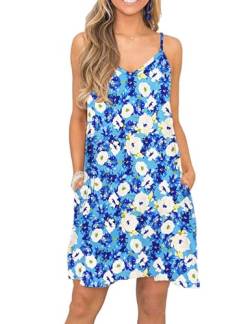 MISFAY Strandkleid für Damen Sommer kurzes Kleid V-Ausschnitt Spaghettiträger Minikleid mit Taschen Blau Weiß Blume L von MISFAY