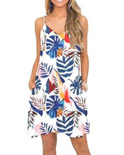 MISFAY Strandkleid für Damen Sommer kurzes Kleid V-Ausschnitt Spaghettiträger Minikleid mit Taschen Blue Plantan L von MISFAY