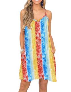 MISFAY Strandkleid für Damen Sommer kurzes Kleid V-Ausschnitt Spaghettiträger Minikleid mit Taschen Regenbogen Streifen L von MISFAY