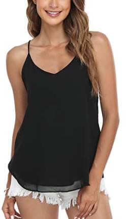 MISS MOLY Top Damen Chiffon Tank Top Sexy V-Ausschnitt Ärmellose T Shirt Blusentop Lässige Trägertop Schwarz Large von MISS MOLY