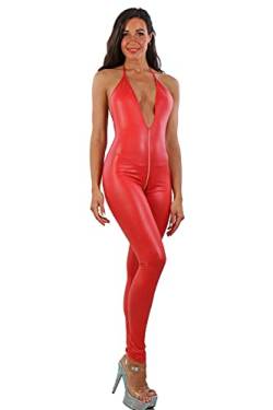 MISS NOIR 18235 Damen Overall im Wetlook S-3XL mit 4-Wege-Reißverschluss Rückenfreier Sexy Jumpsuit Catsuit Exklusives Clubwear, Rot (18235-RD), XS von MISS NOIR