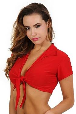 MISS NOIR Damen Crop Top Kurzen Ärmeln Tiefer V-Ausschnitt Bauchfrei Sexy Oberteile Bolero Wickeltop Clubwear, Rot (2332-RD), XXL-3XL von MISS NOIR