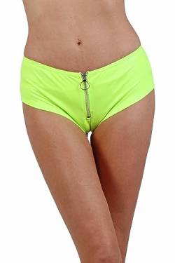 MISS NOIR Damen Wetlook Kurze Hose Hotpants Sexy Mini-Shorts mit niedriger Taille Frontreißverschluss Clubwear Party, Neon Gelb (20853-YL), S-M von MISS NOIR