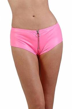 MISS NOIR Damen Wetlook Kurze Hose Hotpants Sexy Mini-Shorts mit niedriger Taille Frontreißverschluss Clubwear Party, Rosa (20853-FS), S-M von MISS NOIR