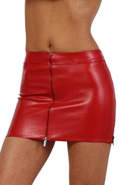 MISS NOIR Damen Wetlook Sexy Minirock (S-3XL) Lederlook Kurze Party Rock mit Reißverschluss Clubwear Röcke, Rot (2085-RD), XL von MISS NOIR