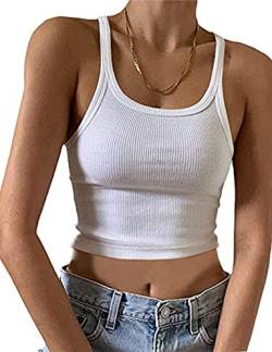 MISSACTIVER Damen Basic Rippstrick Crop Tank Top Casual Solid U-Neck Sleeveless Crop Top Camisole, Weiß, Klein von MISSACTIVER