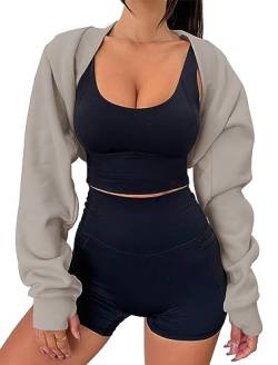 MISSACTIVER Damen-Bolero, langärmelig, mit Daumenloch, vorne offen, Fleece, lockere Passform, Cropped-Schal, Sweatshirt, Workout, Kaffeegrau, Klein von MISSACTIVER