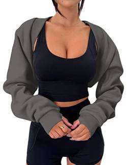 MISSACTIVER Damen-Bolero, langärmelig, mit Daumenloch, vorne offen, Fleece, lockere Passform, Cropped-Schal, Sweatshirt, Workout, grau dunkel, Klein von MISSACTIVER