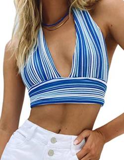 MISSACTIVER Damen Neckholder Rückenfrei Gestrickt Crop Top V Ausschnitt Bandage Streifen Crop Tank Top Weste Top - Blau - Mittel von MISSACTIVER