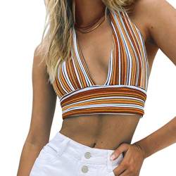 MISSACTIVER Damen Neckholder Rückenfrei Gestrickt Crop Top V Ausschnitt Bandage Streifen Crop Tank Top Weste Top - Braun - Klein von MISSACTIVER