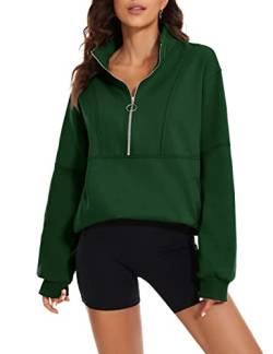 MISSACTIVER Damen Oversized Half Zip Sweatshirt Viertel 1/4 Reißverschluss Langarm Drop Schulter Pocket Pullover Jacke Tops, Grün , S von MISSACTIVER