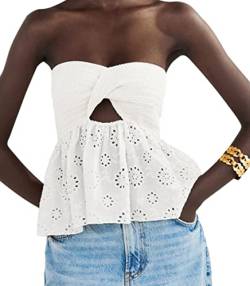 MISSACTIVER Damen Twist Knot Knit Bandeau Tube Top Stickerei trägerlos Schulterfrei Rückenfrei Hohl Crop Tank Korsett Top, Weiss/opulenter Garten, Klein von MISSACTIVER