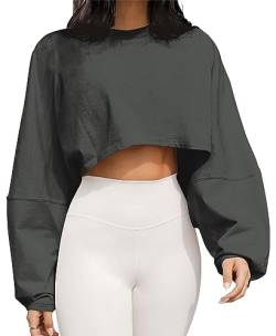 MISSACTIVER Damen Vintage Oversized Langarm Crop T-Shirt Loose Fit Drop Shoulder Rundhals Cropped Tee Tops Pullover, grau dunkel, X-Groß von MISSACTIVER