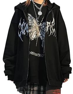 MISSACTIVER Damen Y2K Casual Schmetterling Grafik Gedruckt Hoodies Oversized Zip Up 90S E-Girl Streetwear Grunge Jacke, schwarz, Medium von MISSACTIVER