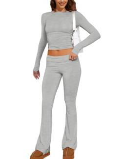 MISSACTIVER Damen Zweiteiliges Outfit Basic Langarm Crop Top und Low Rise Flare Pants Set Lounge 2 Stück Yoga Trainingsanzug, GRAU, X-Small von MISSACTIVER