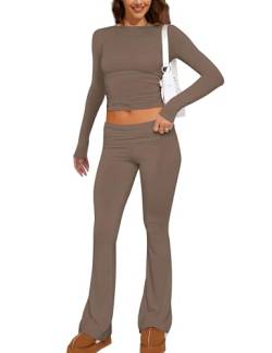 MISSACTIVER Damen Zweiteiliges Outfit Basic Langarm Crop Top und Low Rise Flare Pants Set Lounge 2 Stück Yoga Trainingsanzug, Kaffee, X-Small von MISSACTIVER